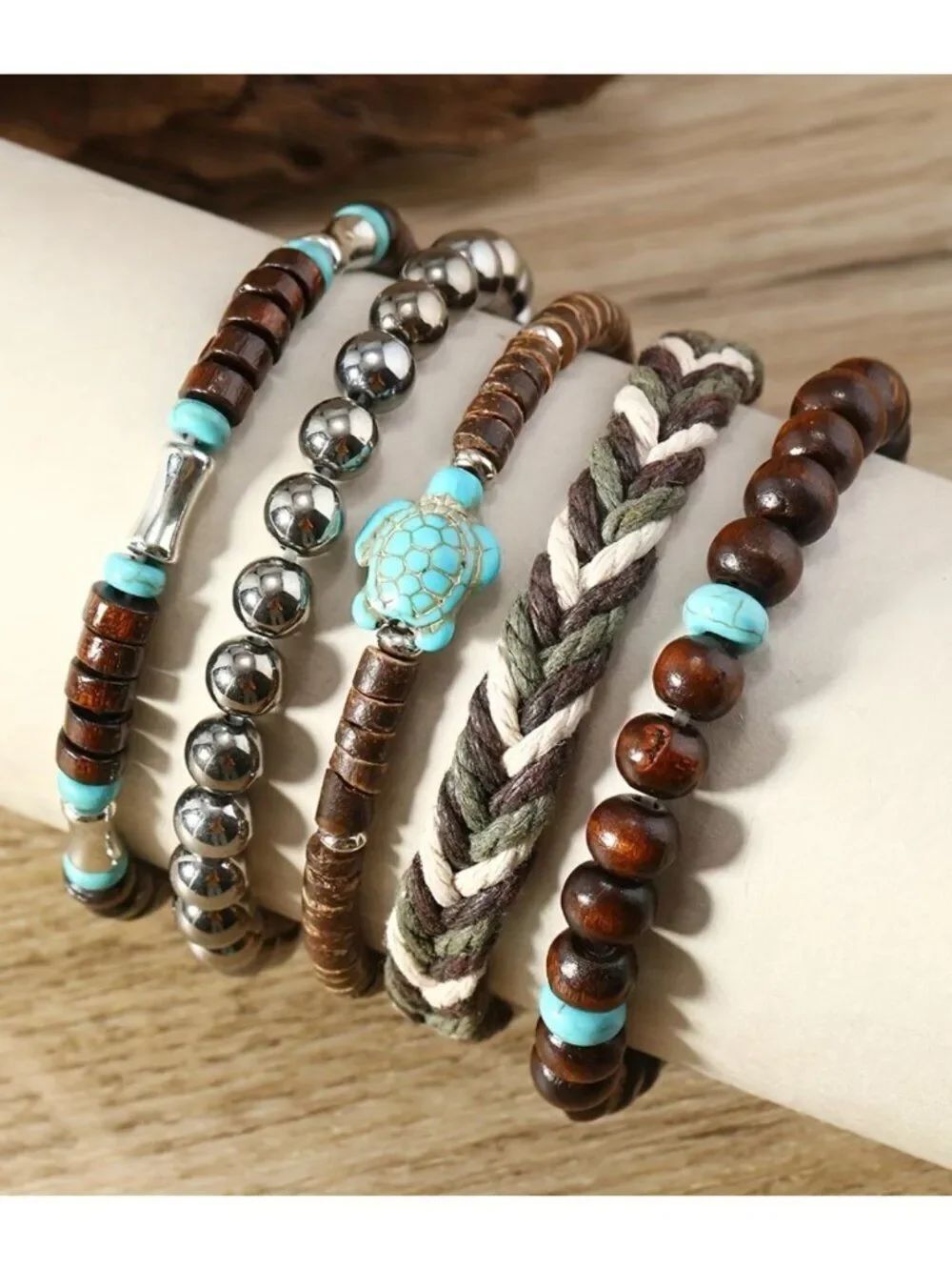 NWT Bohemian Bracelets Turtle Faux Turquoise Wood Beads Handwoven Artisan